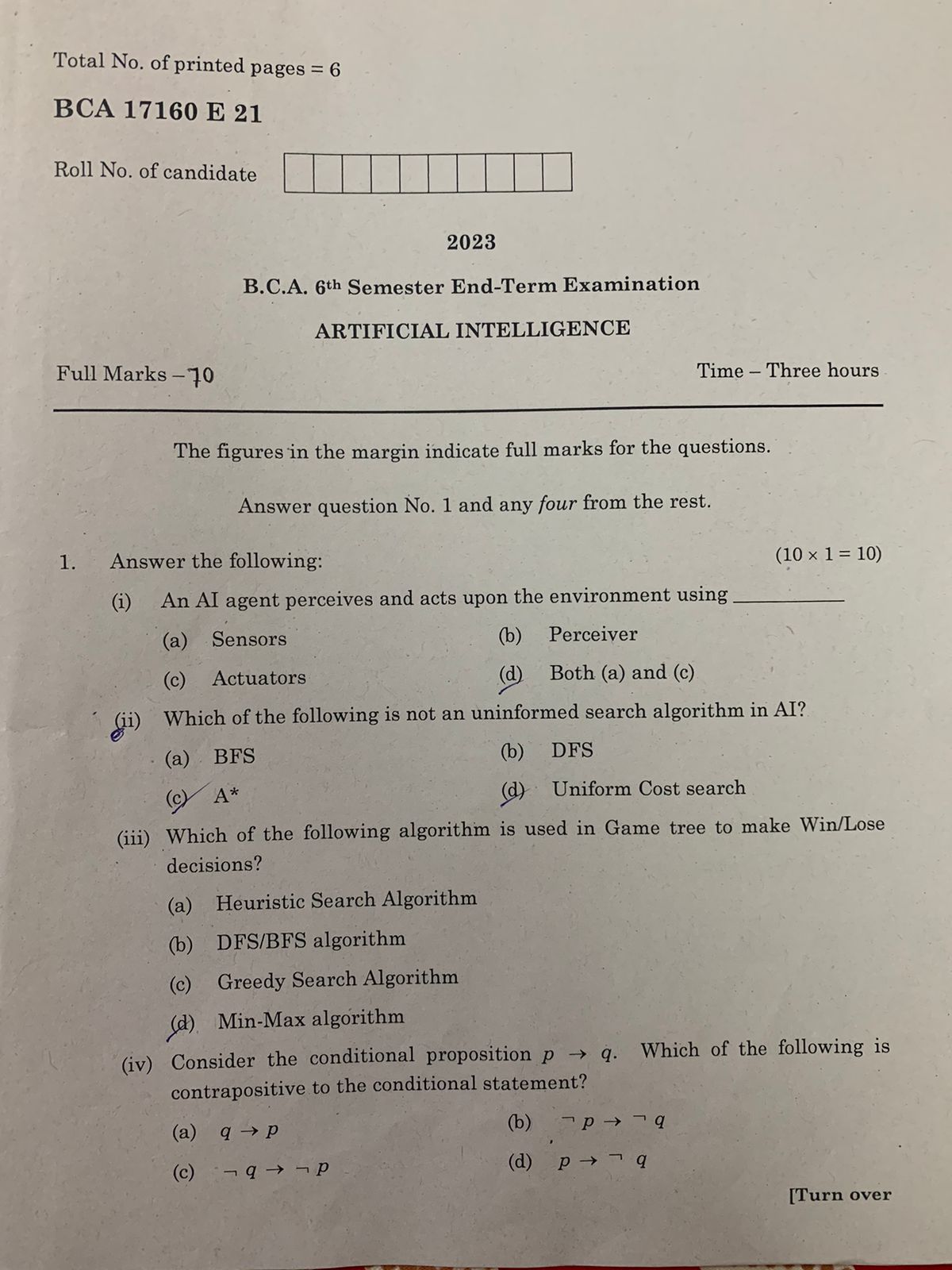 Artificial Intelligence Question Paper Question Paper Artificial