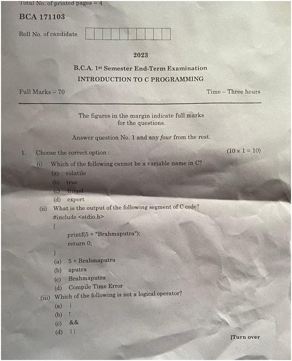 problem solving and programming in c question paper