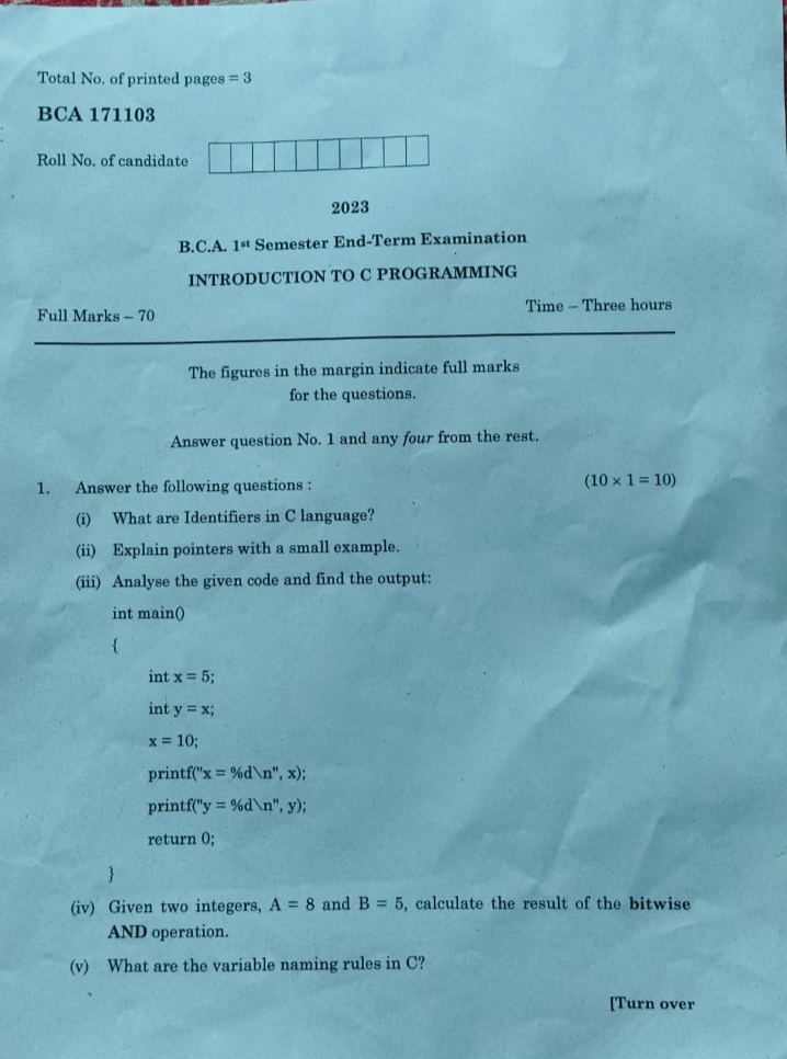 C Programming Question Paper BCA 2023| BCA Question Paper C Programming ...